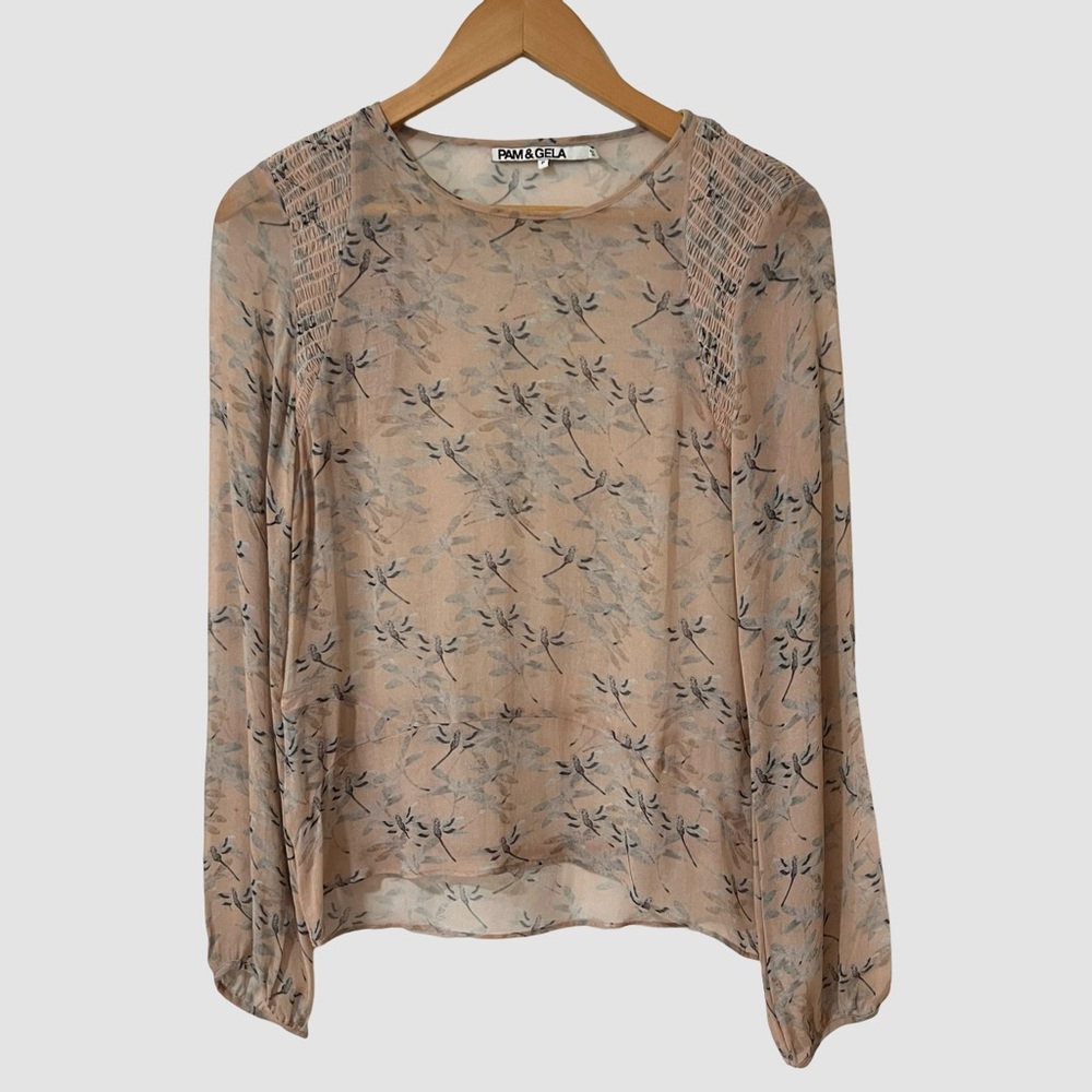 PAM & GELA Dusty Pink Floral Print Long Sleeve Sheer Blouse P